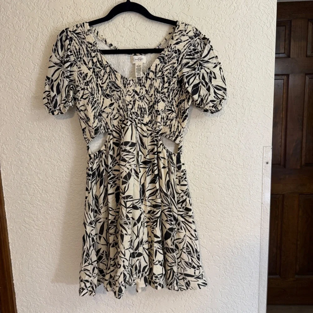 Jessica Simpson Dress Women L Black Leaf Print Smocked Waist Cutout NEW - Picture 2 of 11